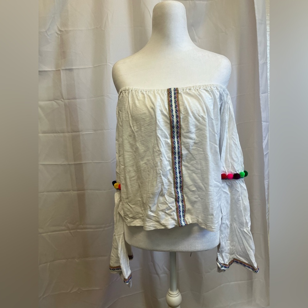 Pitusa White Off-Shoulder Blouse with Blue Accents